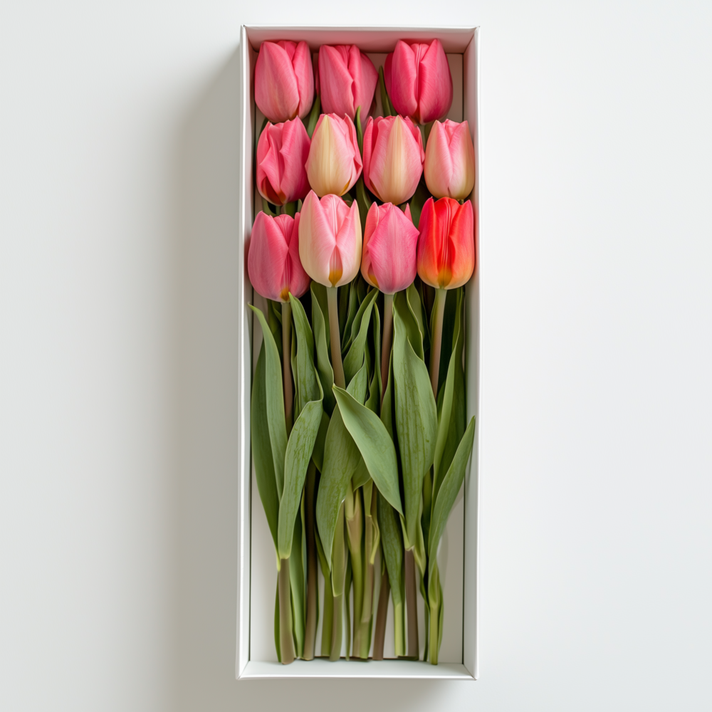 Hermoso arreglo de 12 tulipanes frescos en una caja premium de diseño exclusivo. Ideal para expresar sentimientos con distinción.