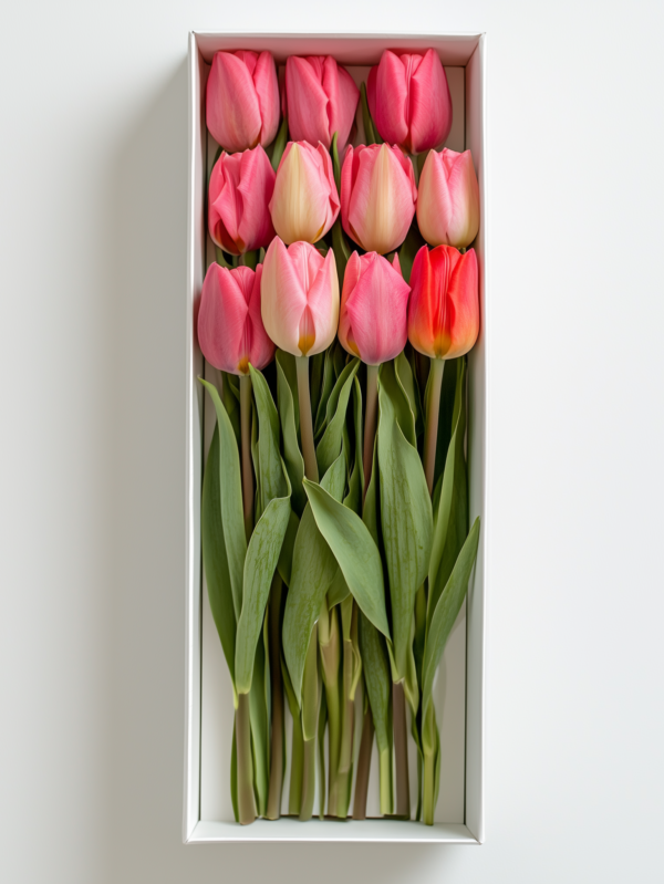 Hermoso arreglo de 12 tulipanes frescos en una caja premium de diseño exclusivo. Ideal para expresar sentimientos con distinción.