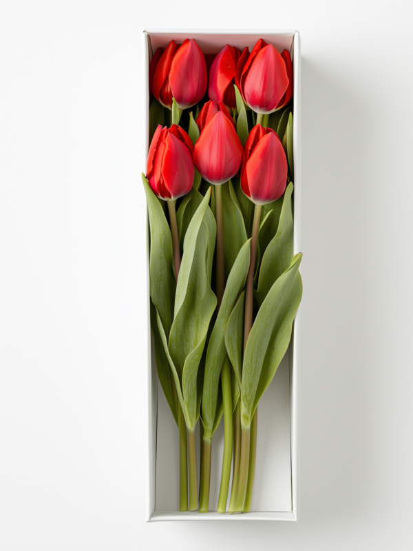 Un delicado conjunto de 6 tulipanes hermosos, cuidadosamente escogidos y presentados en una caja elegante. Un detalle ideal para sorprender con ternura, gratitud o cariño.