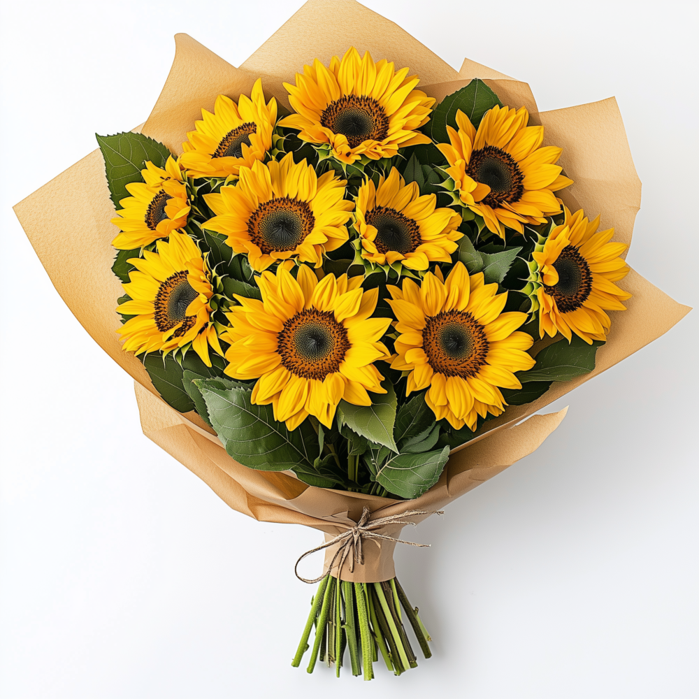 Ramo de girasoles frescos envueltos en papel kraft rústico, ideal para iluminar cualquier ocasión con su belleza vibrante y energía positiva