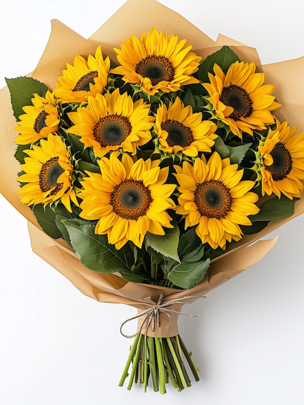 Ramo de girasoles frescos envueltos en papel kraft rústico, ideal para iluminar cualquier ocasión con su belleza vibrante y energía positiva