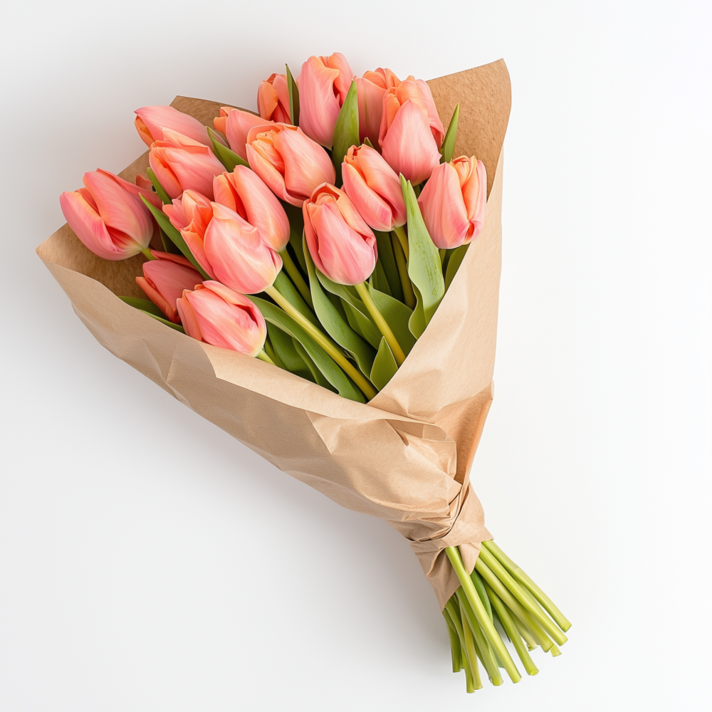 Ramo de tulipanes frescos en tonos vibrantes, envueltos en papel kraft elegante, un detalle sofisticado y delicado para cualquier ocasión especial.