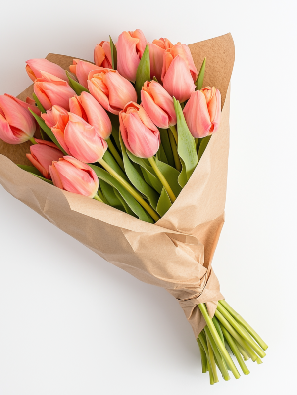Ramo de tulipanes frescos en tonos vibrantes, envueltos en papel kraft elegante, un detalle sofisticado y delicado para cualquier ocasión especial.