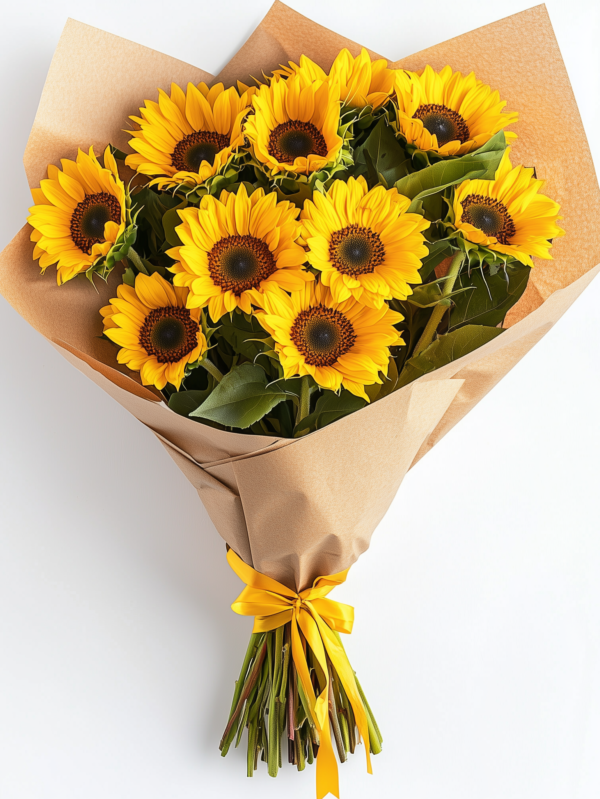 Ramo de girasoles frescos envueltos en papel kraft rústico, ideal para iluminar cualquier ocasión con su belleza vibrante y energía positiva