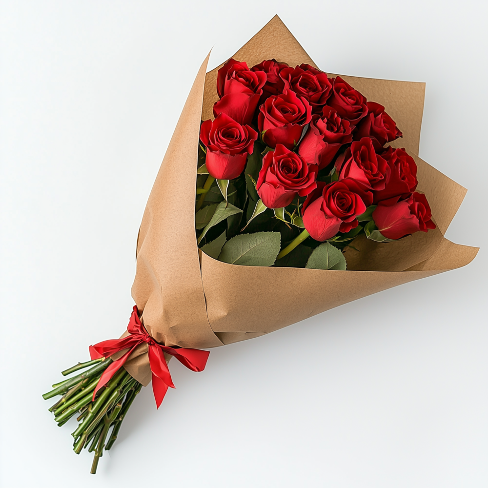 Ramo de rosas rojas envuelto en papel kraft, detalle romántico.