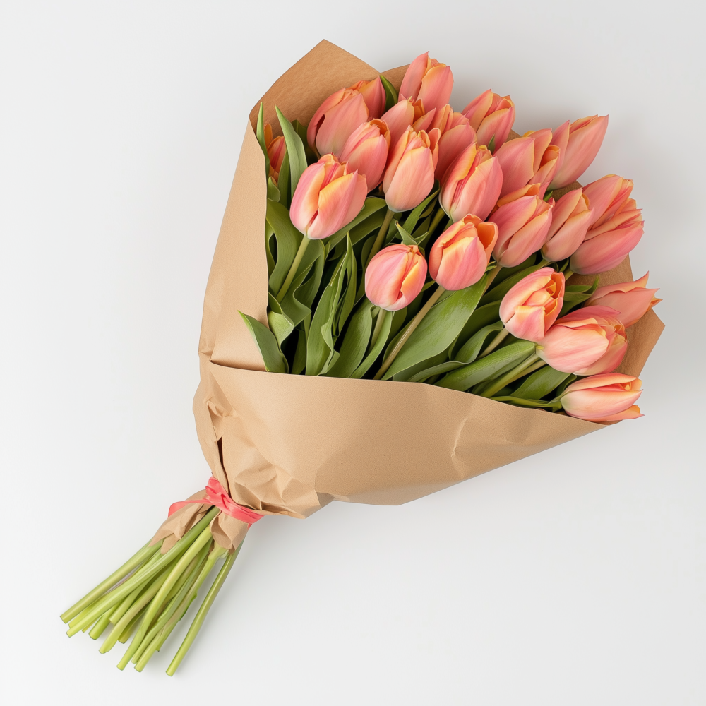 Ramo de tulipanes frescos en tonos vibrantes, envueltos en papel kraft elegante, un detalle sofisticado y delicado para cualquier ocasión especial.