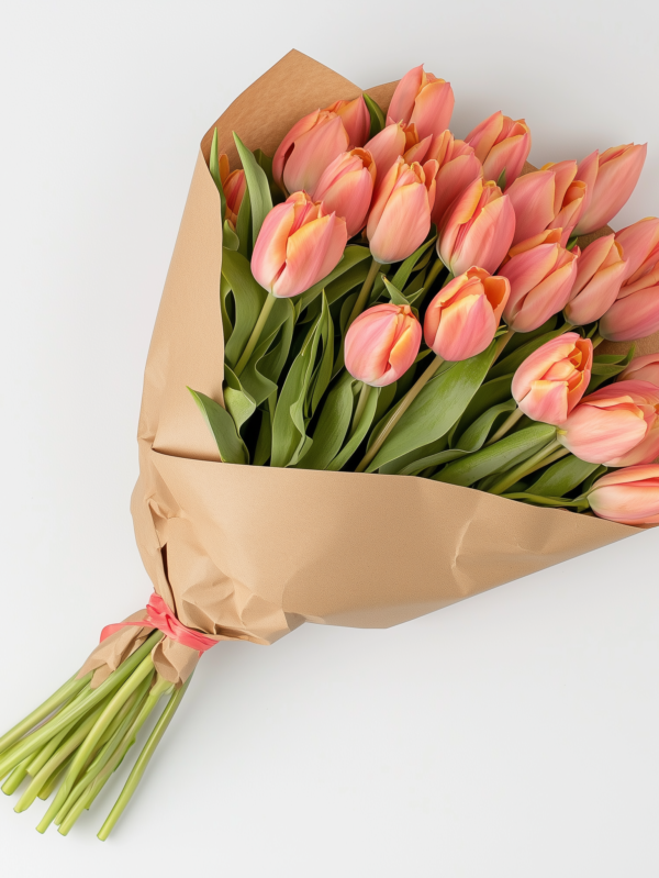 Ramo de tulipanes frescos en tonos vibrantes, envueltos en papel kraft elegante, un detalle sofisticado y delicado para cualquier ocasión especial.