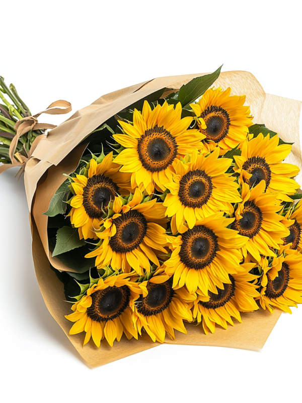 Ramo de girasoles frescos envueltos en papel kraft rústico, ideal para iluminar cualquier ocasión con su belleza vibrante y energía positiva