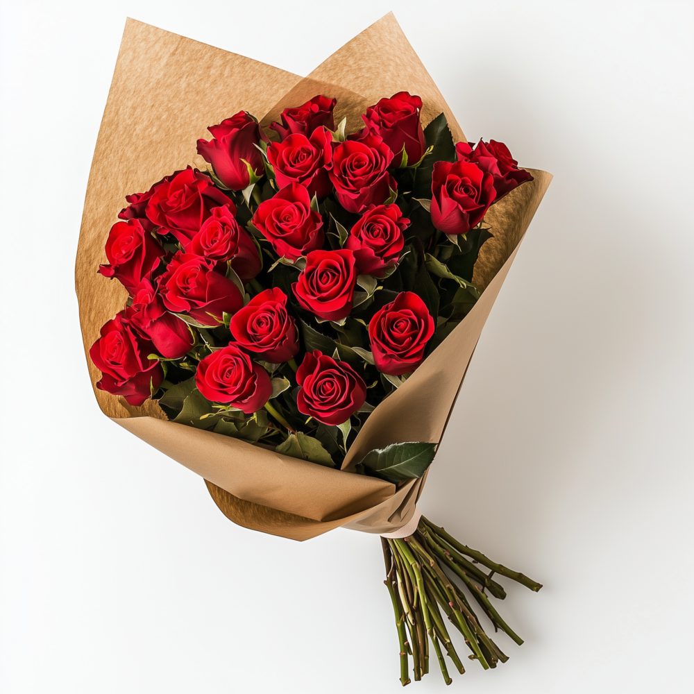 Ramo de rosas rojas envuelto en papel kraft, detalle romántico.