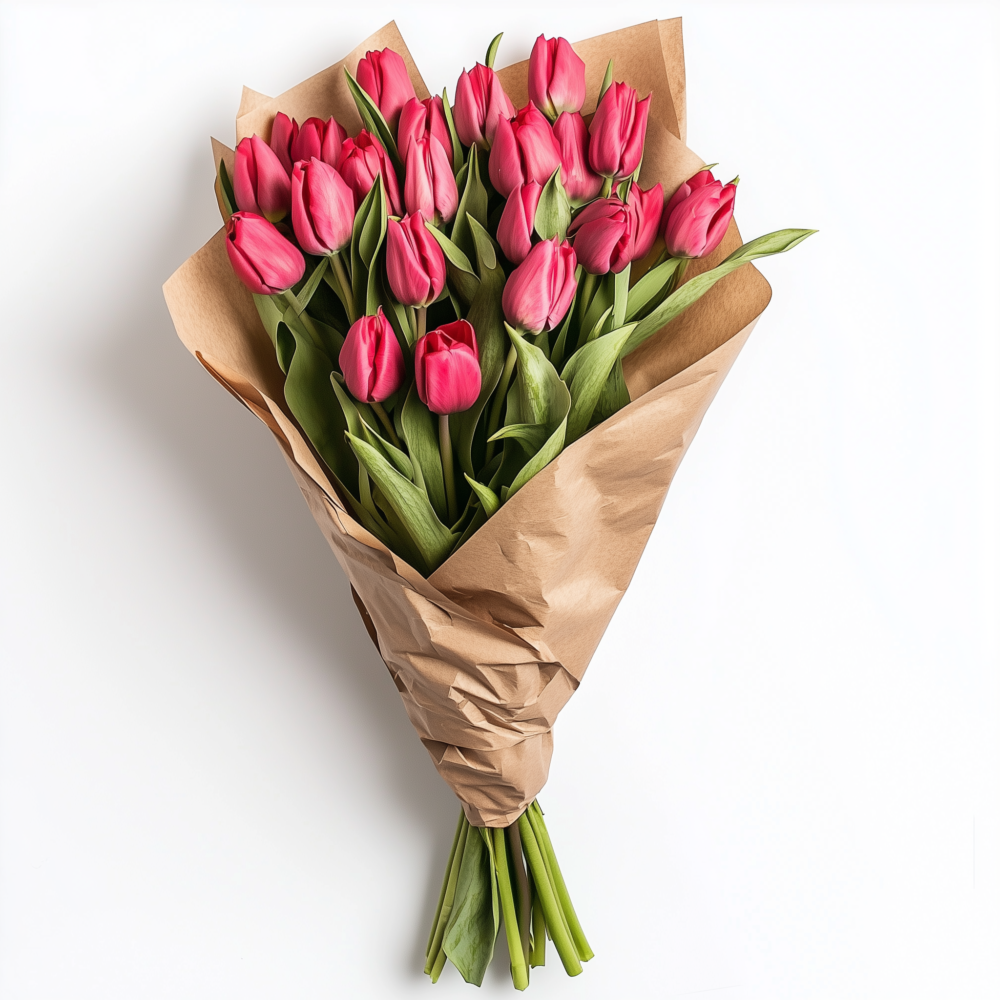 Ramo de tulipanes frescos en tonos vibrantes, envueltos en papel kraft elegante, un detalle sofisticado y delicado para cualquier ocasión especial.