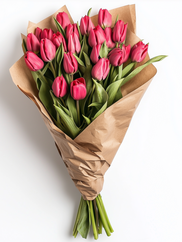 Ramo de tulipanes frescos en tonos vibrantes, envueltos en papel kraft elegante, un detalle sofisticado y delicado para cualquier ocasión especial.