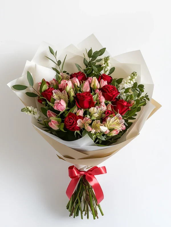 Ramo de astromelias y rosas frescas, envueltas en papel kraft premium, perfecto para cualquier ocasión especial.