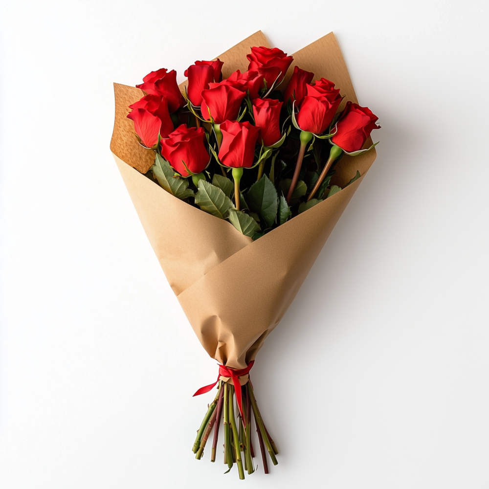 Ramo de rosas rojas envuelto en papel kraft, detalle romántico.
