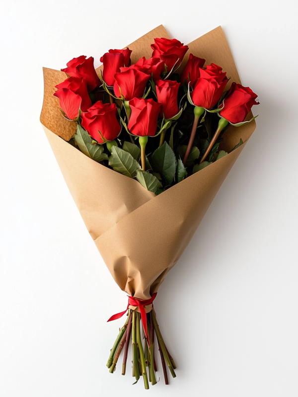 Ramo de rosas rojas envuelto en papel kraft, detalle romántico.